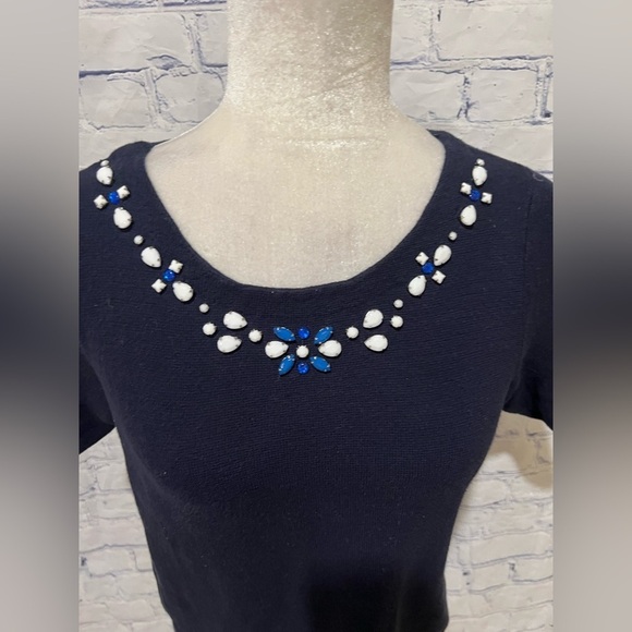 The Limited Embellished Neckline Crew Neck Top in Navy Cotton Medium - Picture 2 of 7